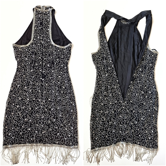 A.J. Bari Petites Silk Hand Beaded Fringe Cocktail Dress Black Silver Gatsby 20s - Picture 9 of 15